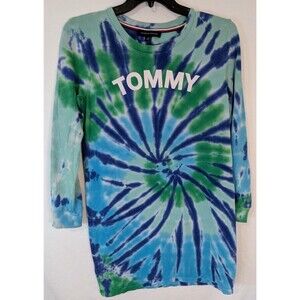 Tommy Hilfiger XL Tie Dye Sweatshirt Dress Blue Green 100% Cotton